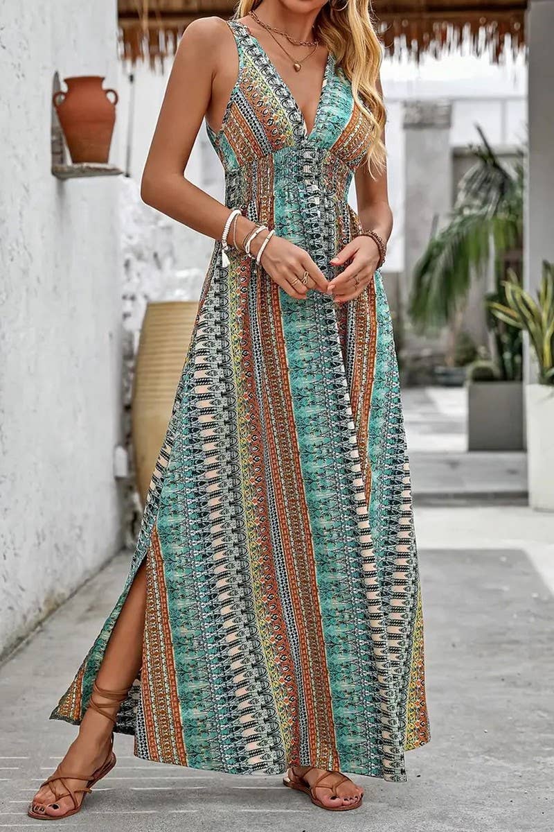 V-NECK BOHEMIAN LONG DRESS: MULTICOLOR