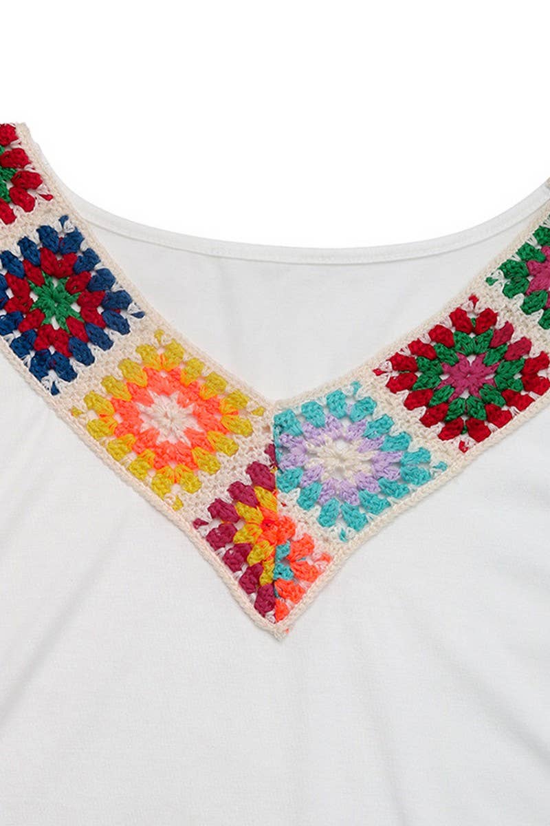BOHO V-NECK SHORT SLEEVE COLORFUL CROCHET TOP different sizes have variance in crochet colors ￼