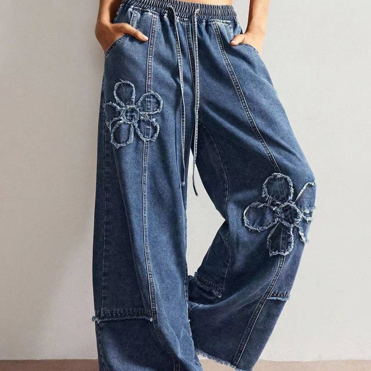 Boho Floral Patch Wide Leg Denim Pants