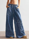Boho Floral Patch Wide Leg Denim Pants