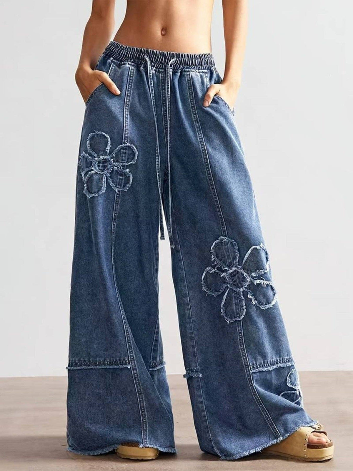 Boho Floral Patch Wide Leg Denim Pants