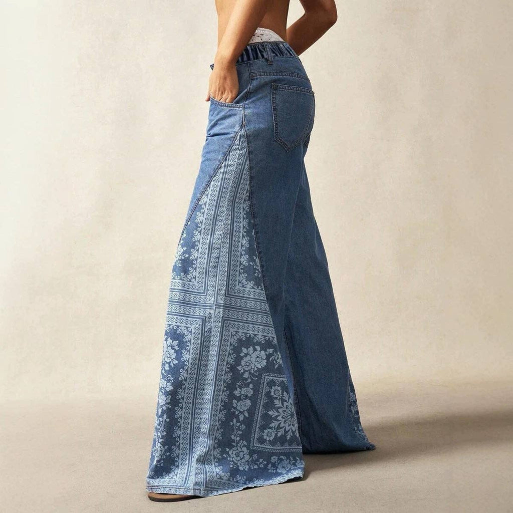 Boho Printed Wide Leg Palazzo Denim Pants