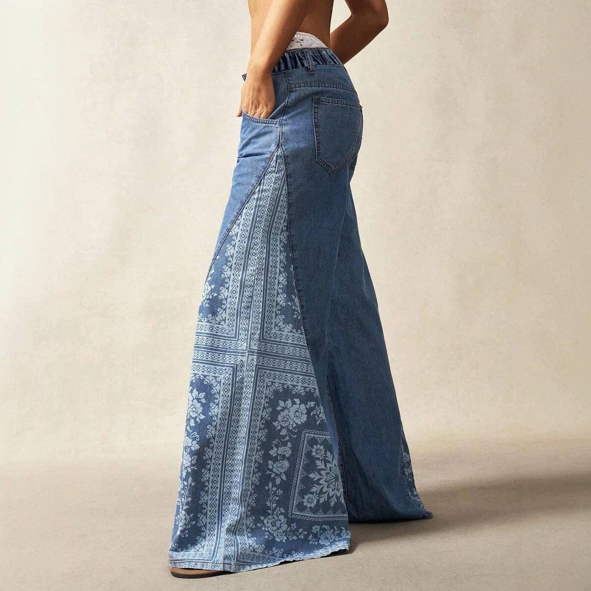 Boho Printed Wide Leg Palazzo Denim Pants